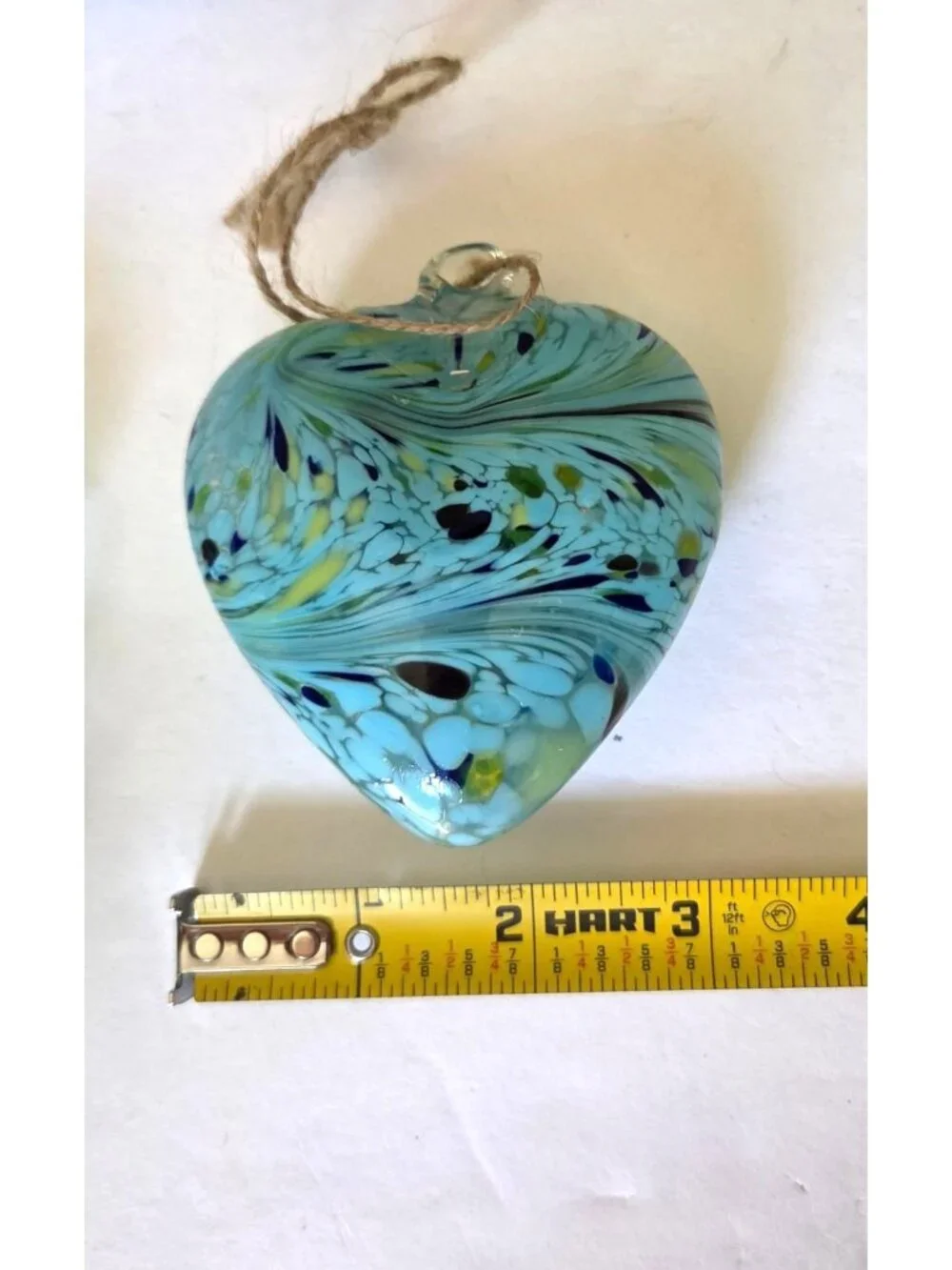 Set of 3 Handcrafted Blown Glass Heart Ornaments Blue & Green Swirl Design